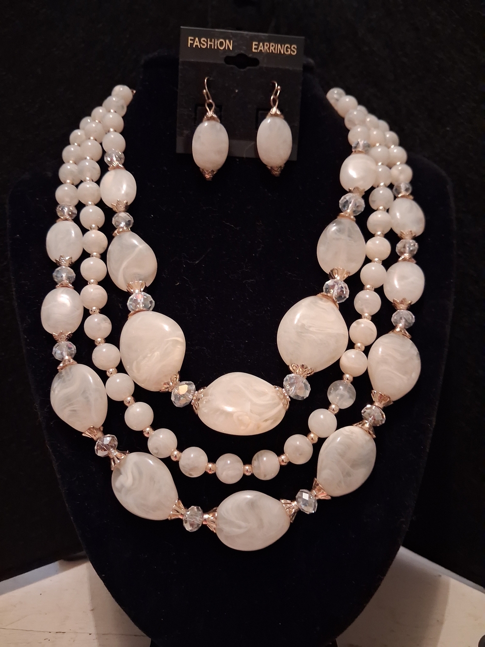 Three-Strand White Beaded Necklace & Earring Set